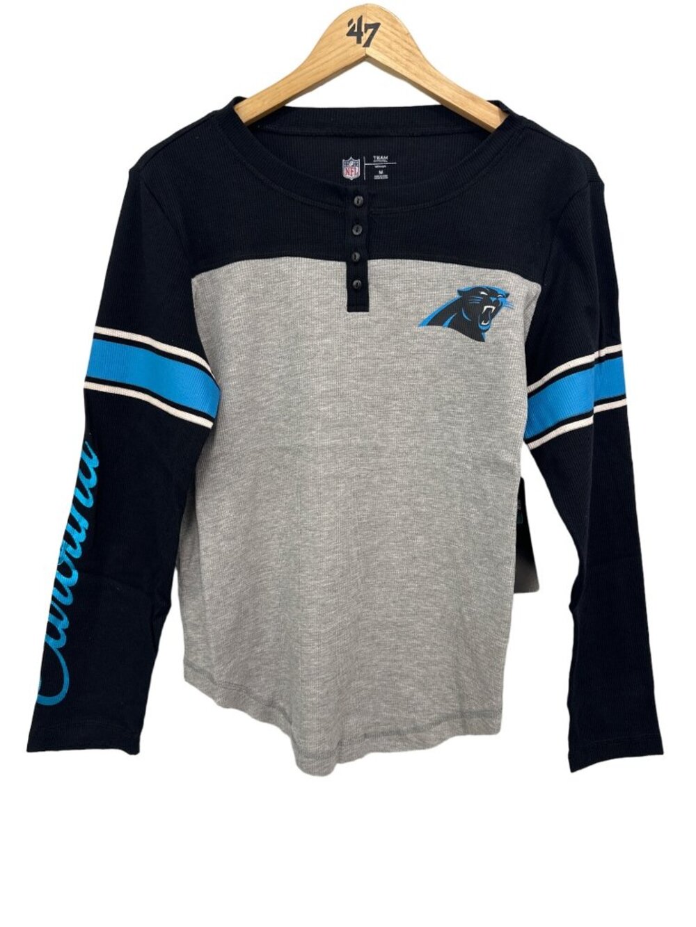 NFL Tee Medium Waffle Knit Panthers Gray Cotton Blend College Long Sleeve NEW